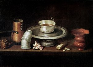 Stillleben mit einer Schale Schokolade, oder Frühstück mit Schokolade, ca. 1640